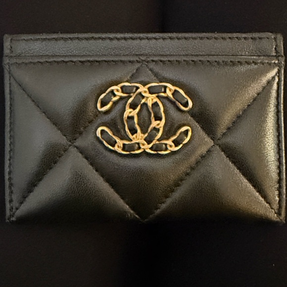 CHANEL Accessories - CHANEL Quilted Black Card Holder with Gold Logo